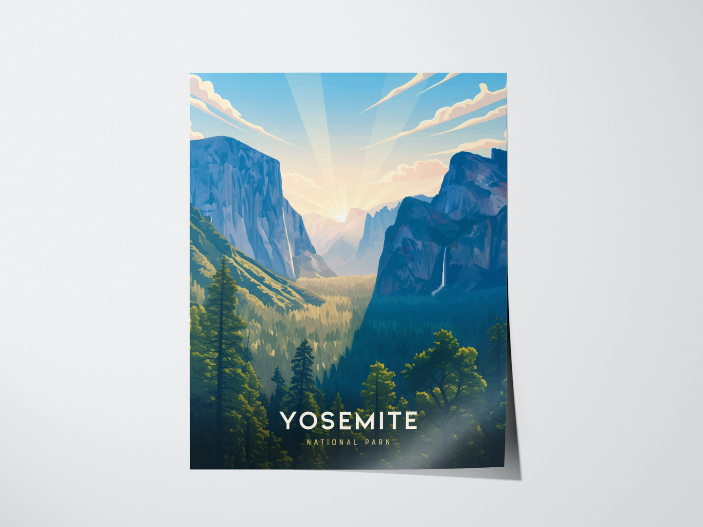Yosemite National Park poster with mountains and trees on a white background