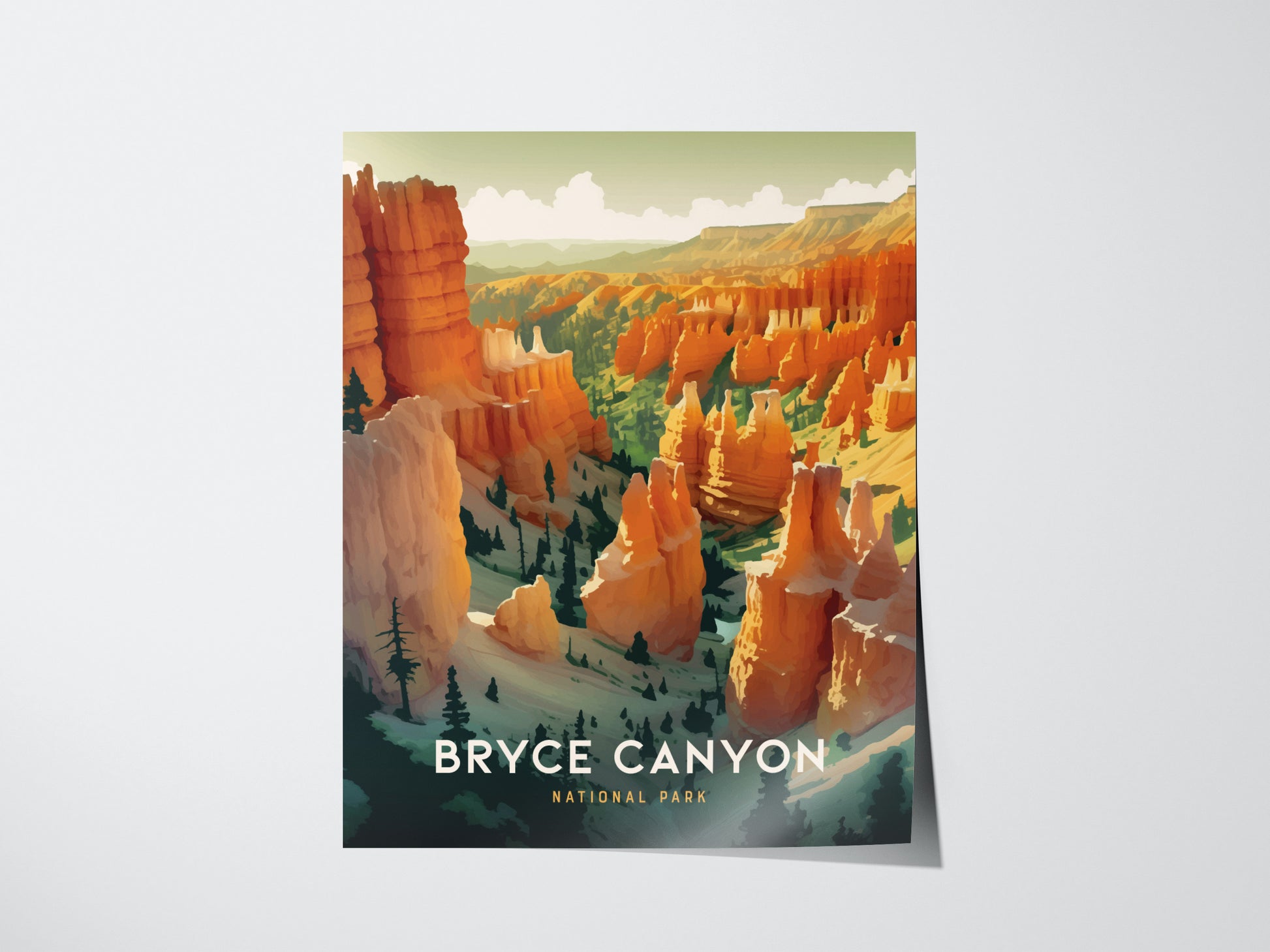 Colorful illustration of Bryce Canyon National Park, showcasing vivid orange hoodoos and green pine trees under a bright sky. The text reads Bryce Canyon National Park at the bottom.