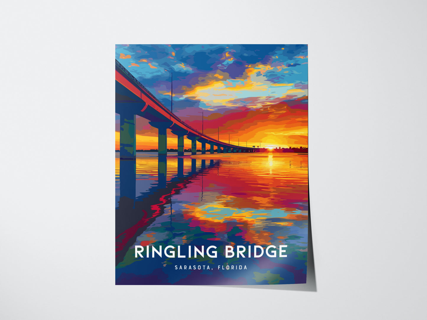 A vibrant poster featuring a stylized depiction of the Ringling Bridge in Sarasota, Florida, at sunset. The colorful sky and water reflection create a dramatic and artistic scene.