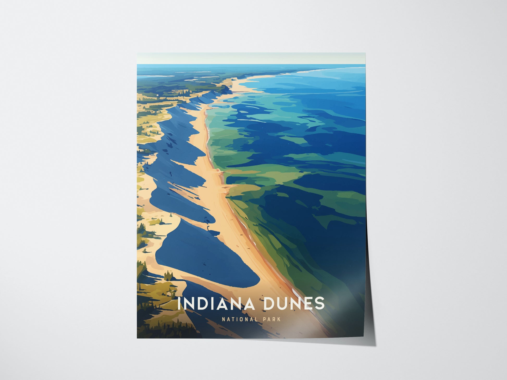 A poster featuring an artistic depiction of Indiana Dunes National Park, showcasing the Lake Michigan shoreline with vibrant blue water, sandy beaches, and lush greenery.