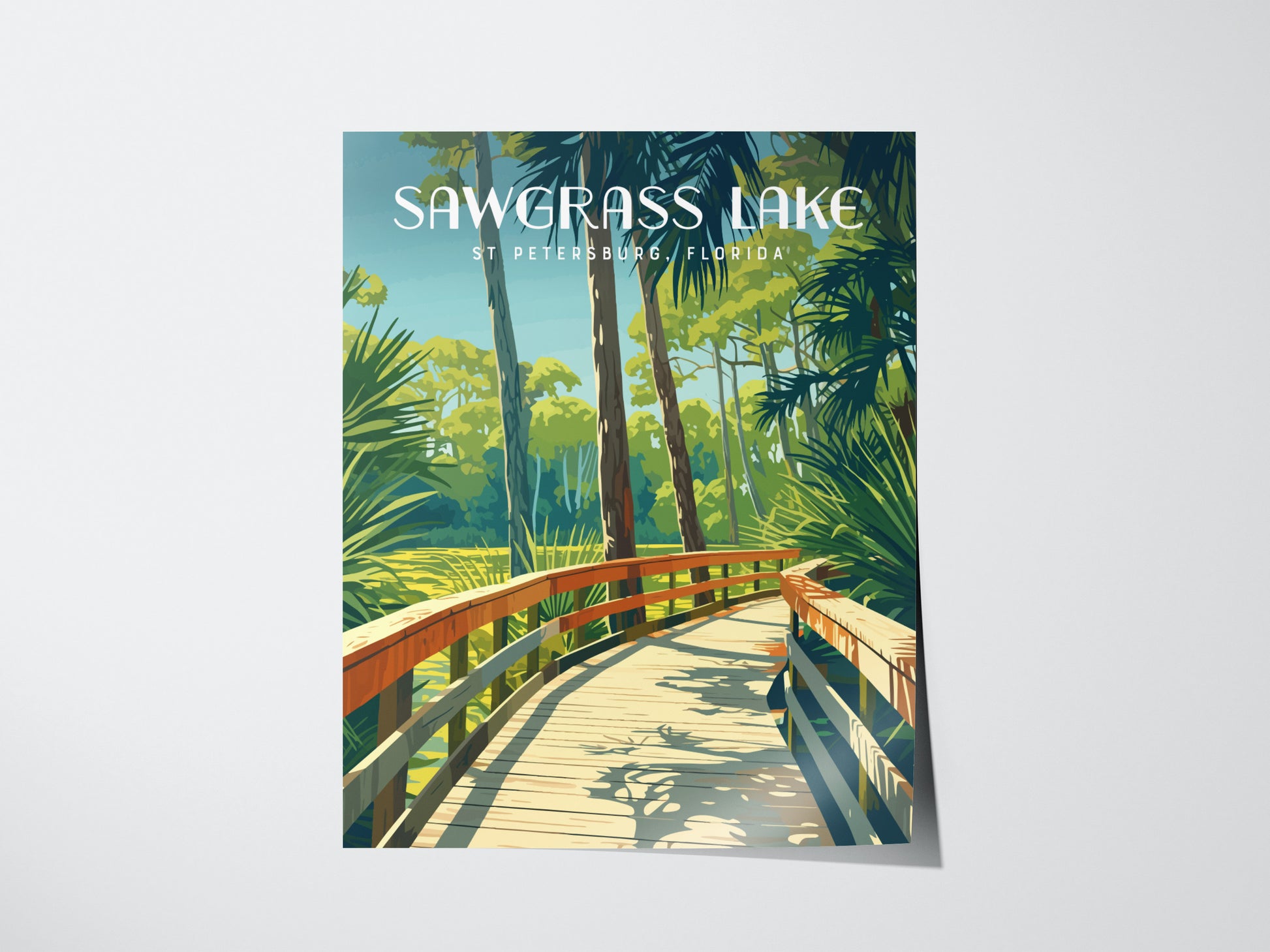 Illustrated poster of Sawgrass Lake in St. Petersburg, Florida, featuring a wooden boardwalk winding through lush greenery and palm trees under a clear sky.