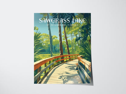 Illustrated poster of Sawgrass Lake in St. Petersburg, Florida, featuring a wooden boardwalk winding through lush greenery and palm trees under a clear sky.
