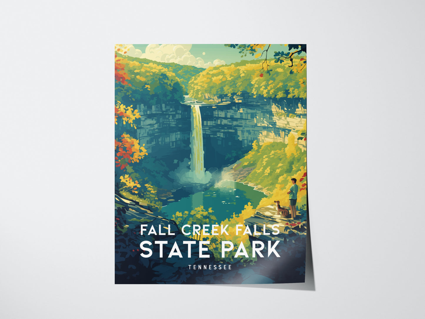 A vibrant poster depicts Fall Creek Falls cascading into a gorge, surrounded by lush autumn foliage. A hiker and their dog stand on a rocky ledge, admiring the view.