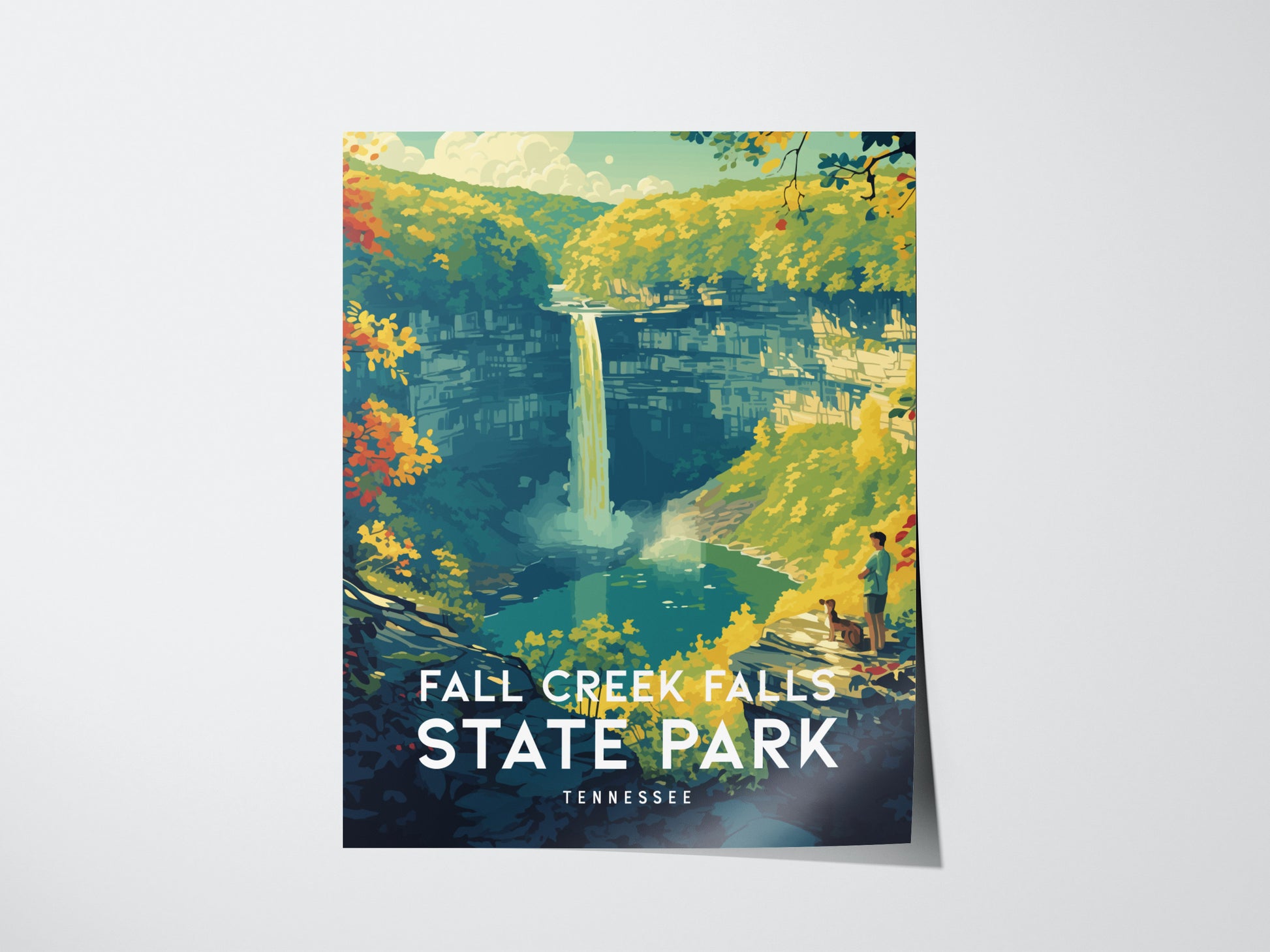 A vibrant poster depicts Fall Creek Falls cascading into a gorge, surrounded by lush autumn foliage. A hiker and their dog stand on a rocky ledge, admiring the view.