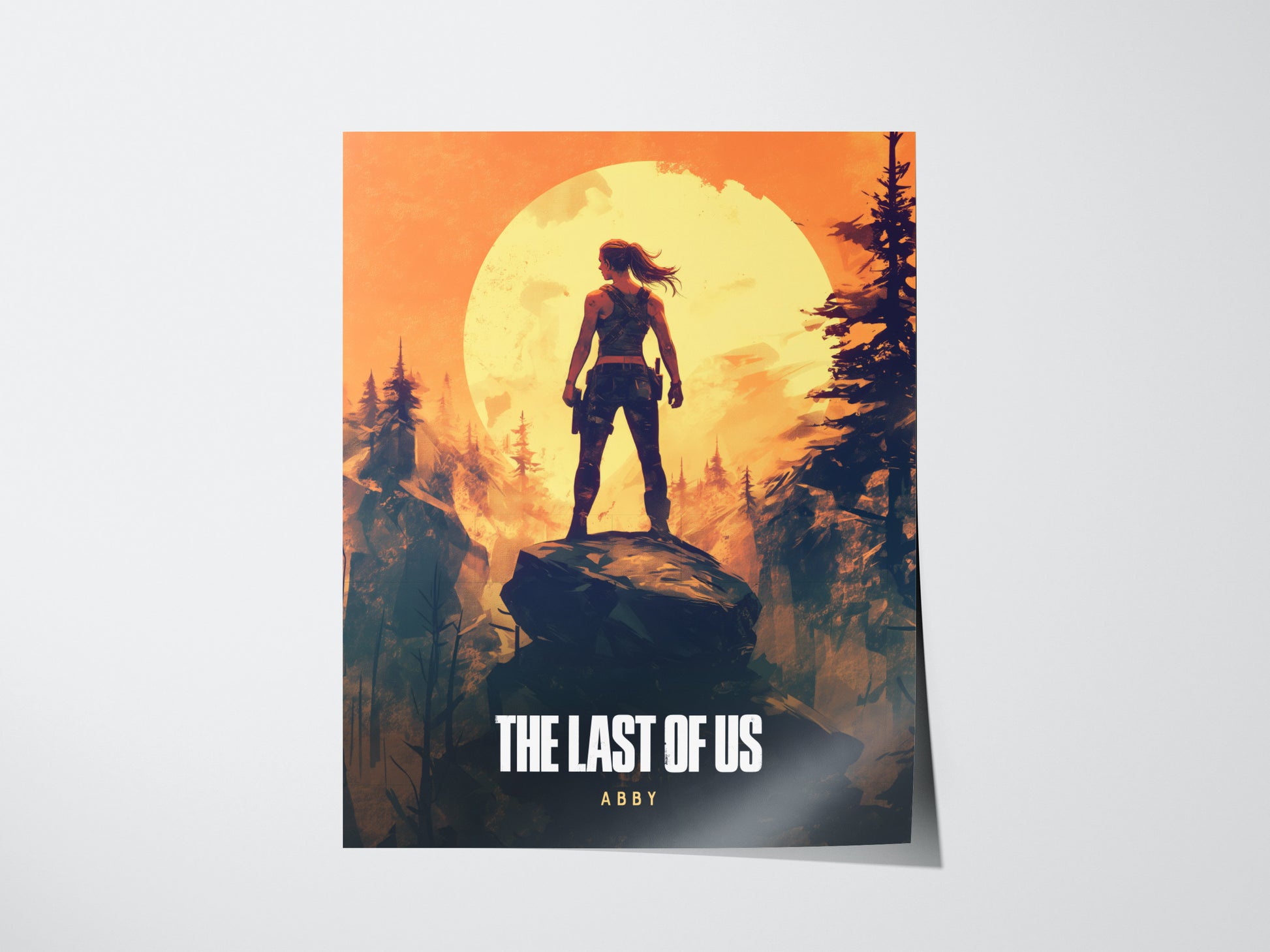 A poster for The Last of Us featuring a silhouette of a woman standing on a rock with a large, glowing sun and forest in the background.
