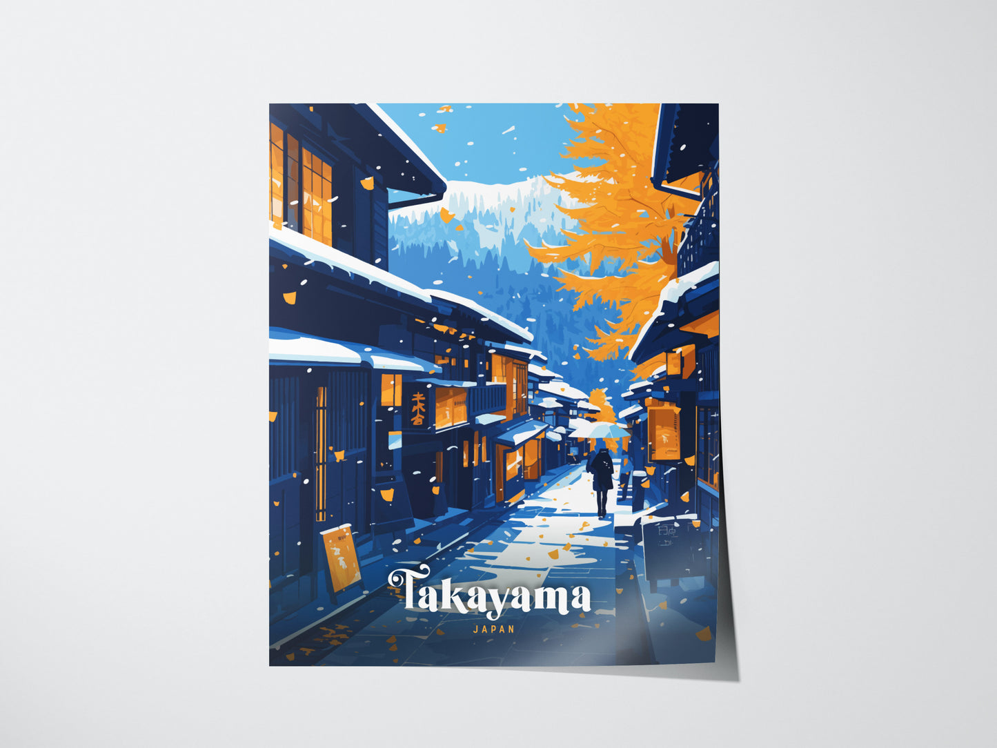 A vibrant poster depicting a traditional Japanese street in Takayama, with wooden buildings, falling autumn leaves, and distant mountains under a clear sky. A solitary figure walks down the street.