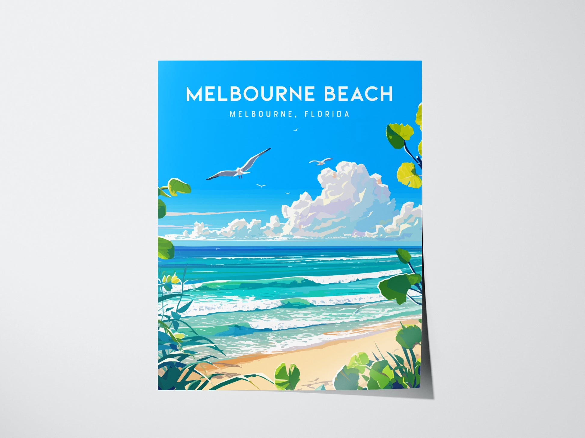 A vibrant poster of Melbourne Beach, Florida, featuring a seagull flying over turquoise waves, sandy shores, and lush greenery under a bright blue sky with fluffy clouds.
