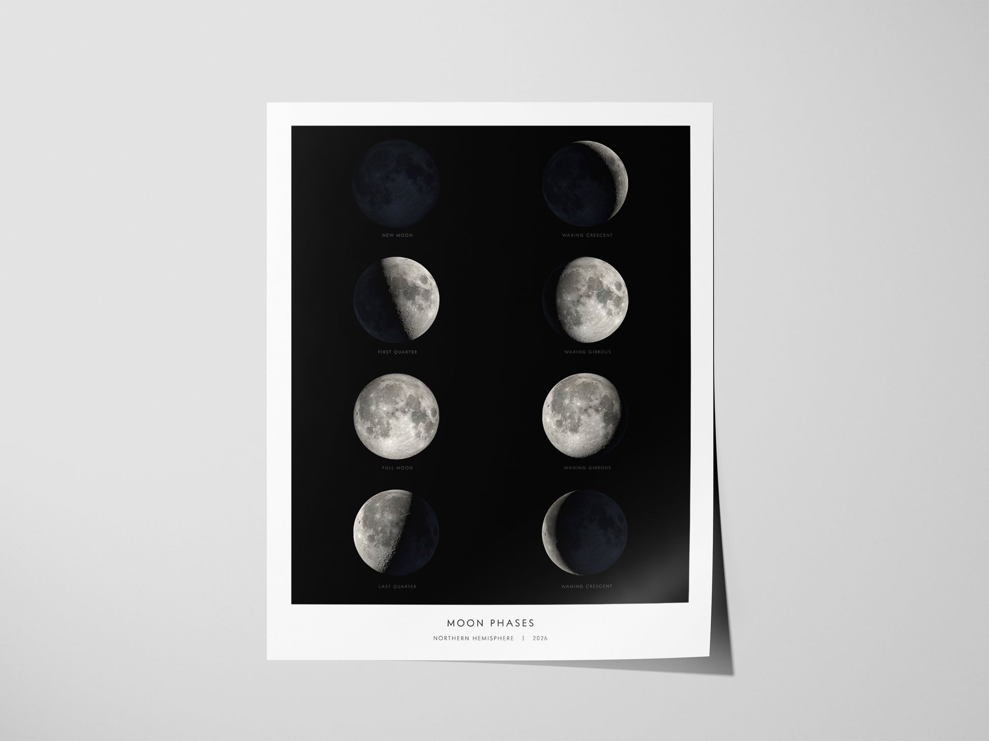 A lunar phases poster featuring all eight stages of the Moons 29.5-day cycle, displayed in stunning detail against a black background. Each phase, from new moon to waning crescent, is labeled and beautifully illustrated.