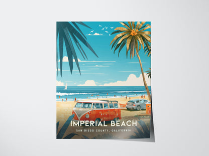 Illustrated poster of Imperial Beach, featuring a vibrant beach scene with palm trees, a classic van, and people enjoying the ocean. The text reads Imperial Beach, San Diego County, California.