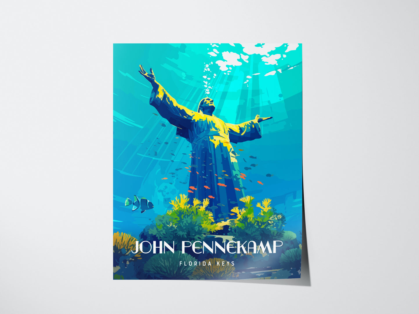 Illustration of an underwater statue with arms raised, surrounded by colorful corals and fish in turquoise water. The text reads John Pennekamp Florida Keys at the bottom.