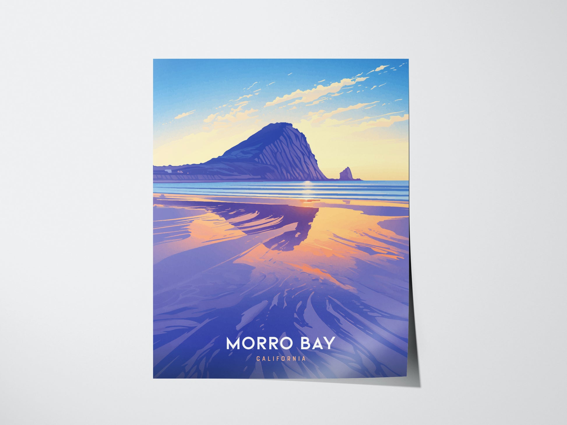 A vibrant poster of Morro Bay features Morro Rock at sunset, with its reflection on the water. The sky transitions from blue to orange, creating a serene coastal scene.
