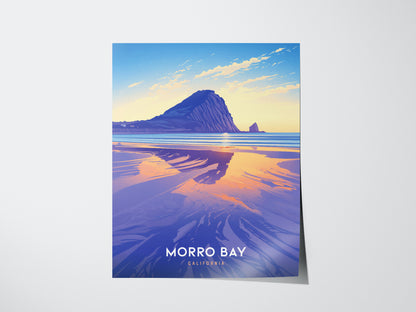 A vibrant poster of Morro Bay features Morro Rock at sunset, with its reflection on the water. The sky transitions from blue to orange, creating a serene coastal scene.