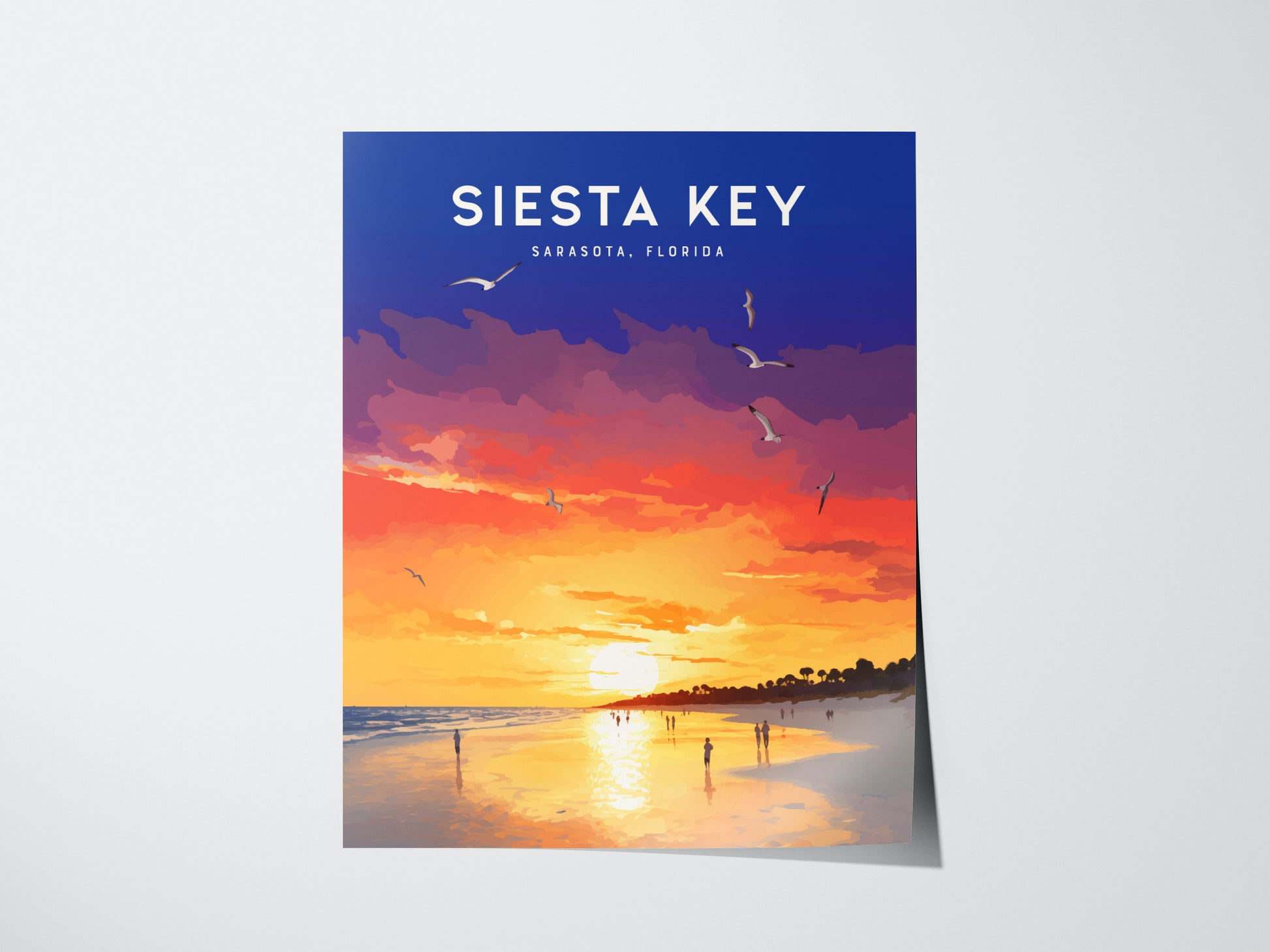 Colorful artwork of a sunset at Siesta Key, Florida, featuring vivid purples, oranges, and yellows. The beach scene includes silhouetted figures and seagulls against a vibrant sky.