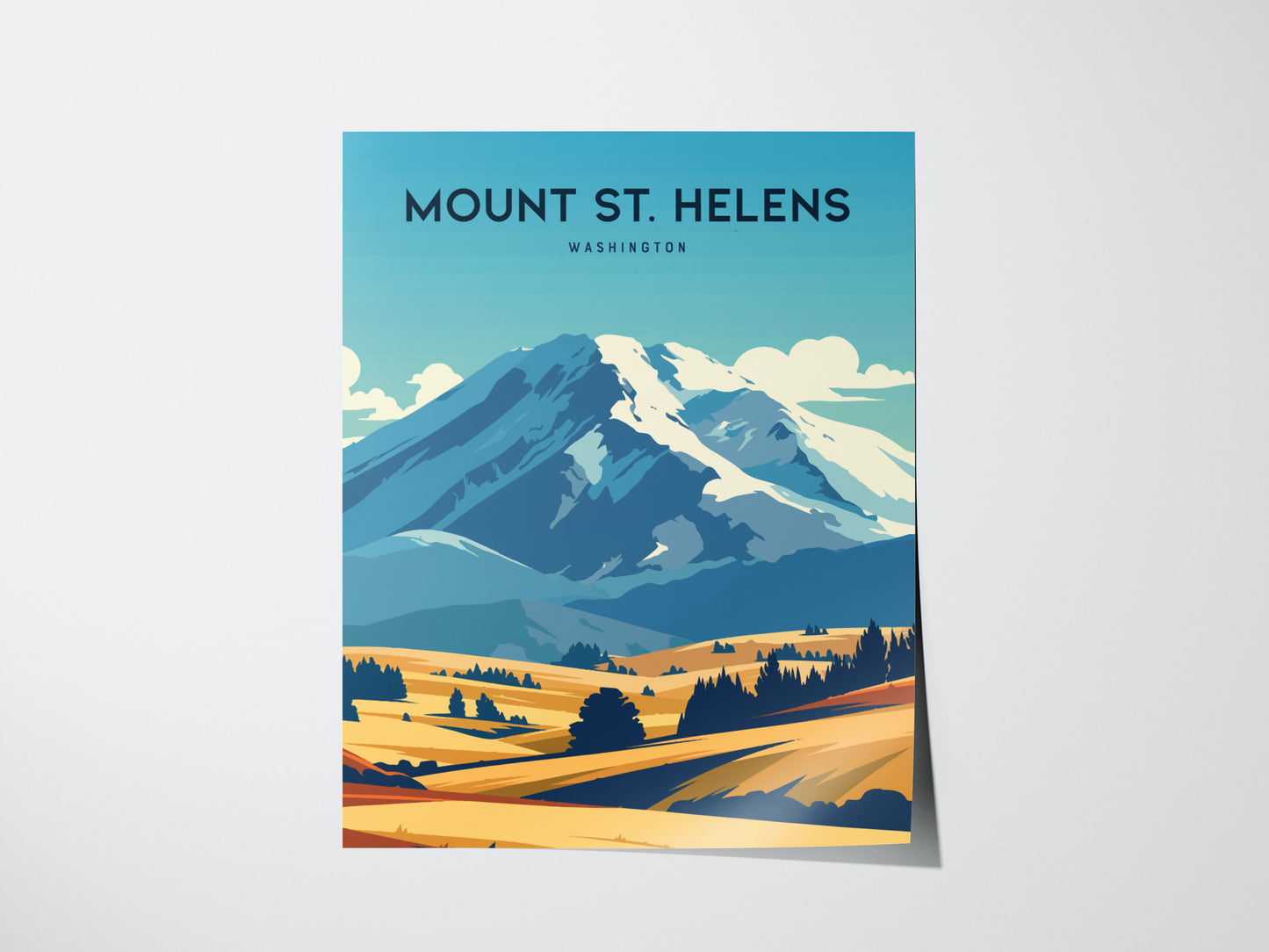 Illustrated poster of Mount St. Helens with a snowy peak under a blue sky, set against golden fields and dark evergreen trees. Text reads Mount St. Helens Washington.