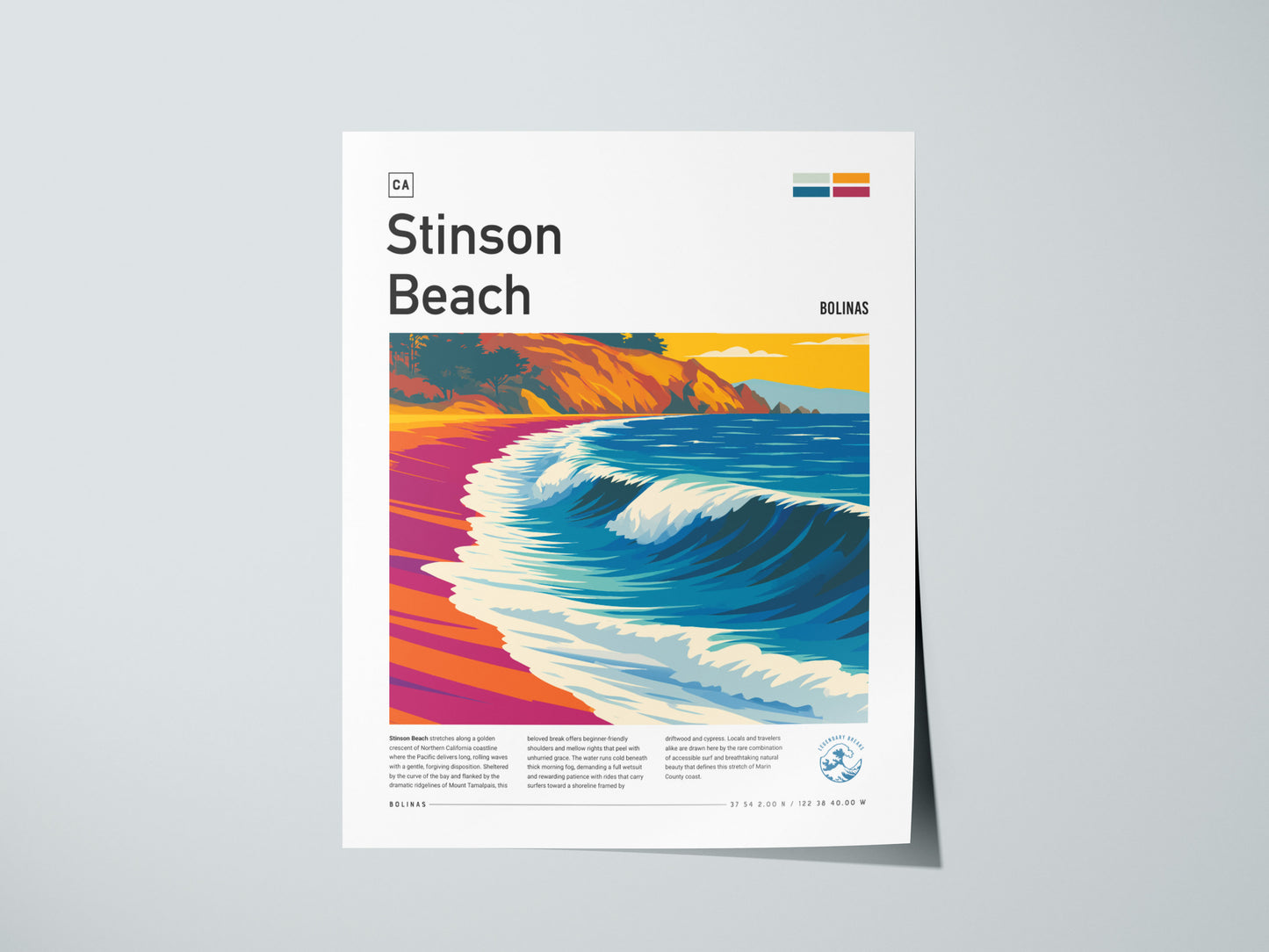 Stinson Beach, California Poster | Golden Coast Surf & Sunset Wall Art — giclée print detail on matte paper