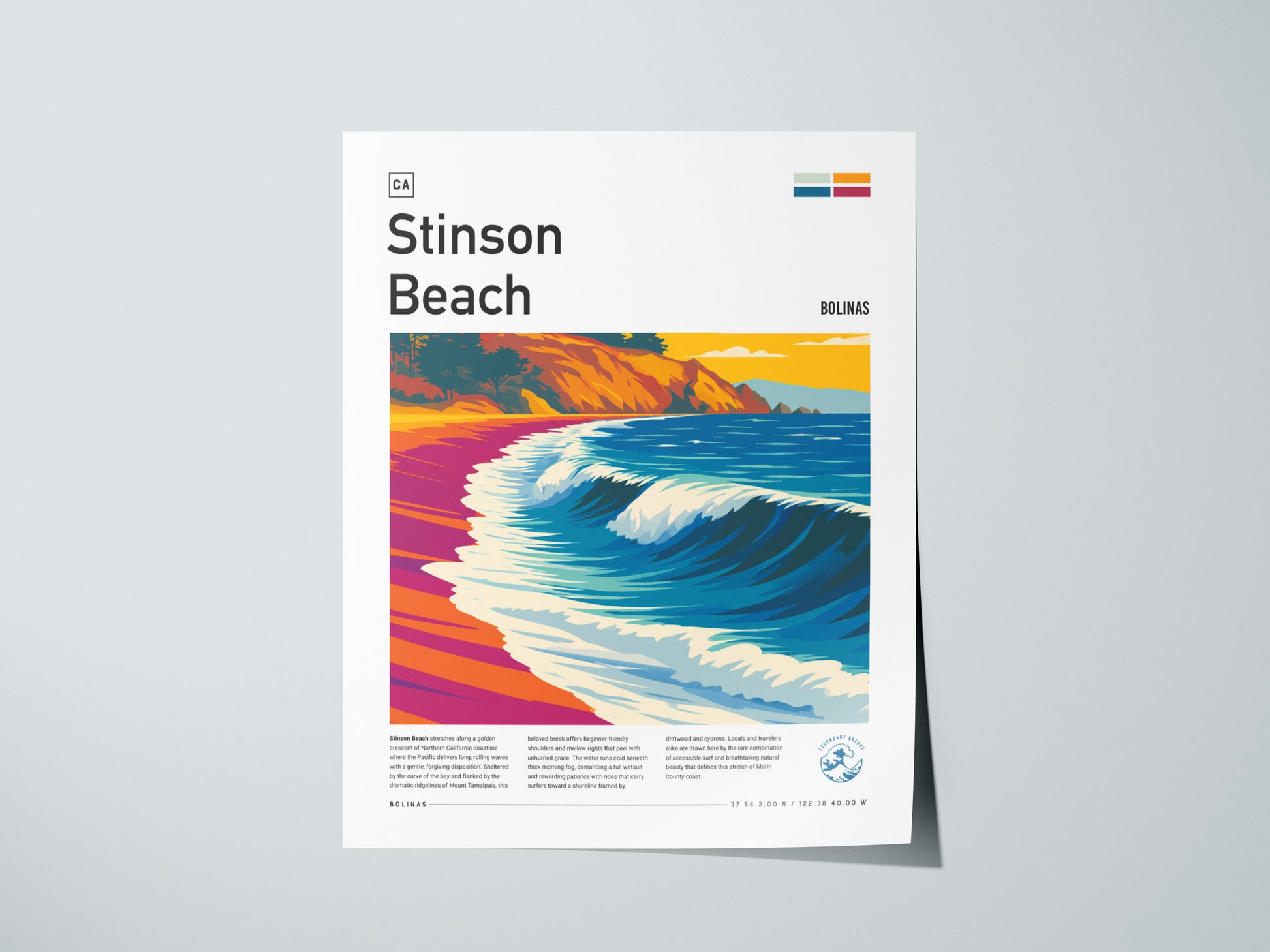 Stinson Beach, California Poster | Golden Coast Surf & Sunset Wall Art — giclée print detail on matte paper