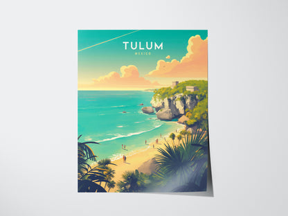 A vibrant poster of Tulum, Mexico, featuring turquoise waters, limestone cliffs, and Mayan ruins under a sunset sky. Lush greenery frames the scene, creating a serene beach atmosphere.