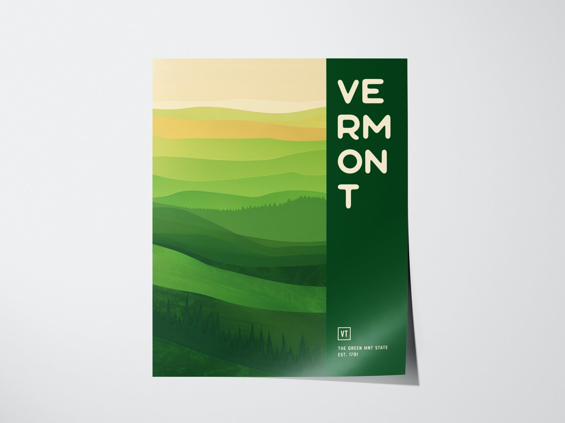 Abstract poster of Vermont featuring layered green hills with text VERMONT in bold white letters on a dark green background. The design captures the essence of the Green Mountain State.