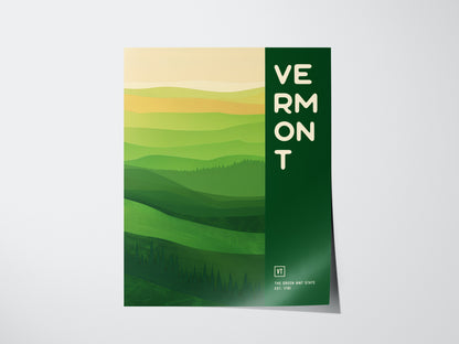 Abstract poster of Vermont featuring layered green hills with text VERMONT in bold white letters on a dark green background. The design captures the essence of the Green Mountain State.