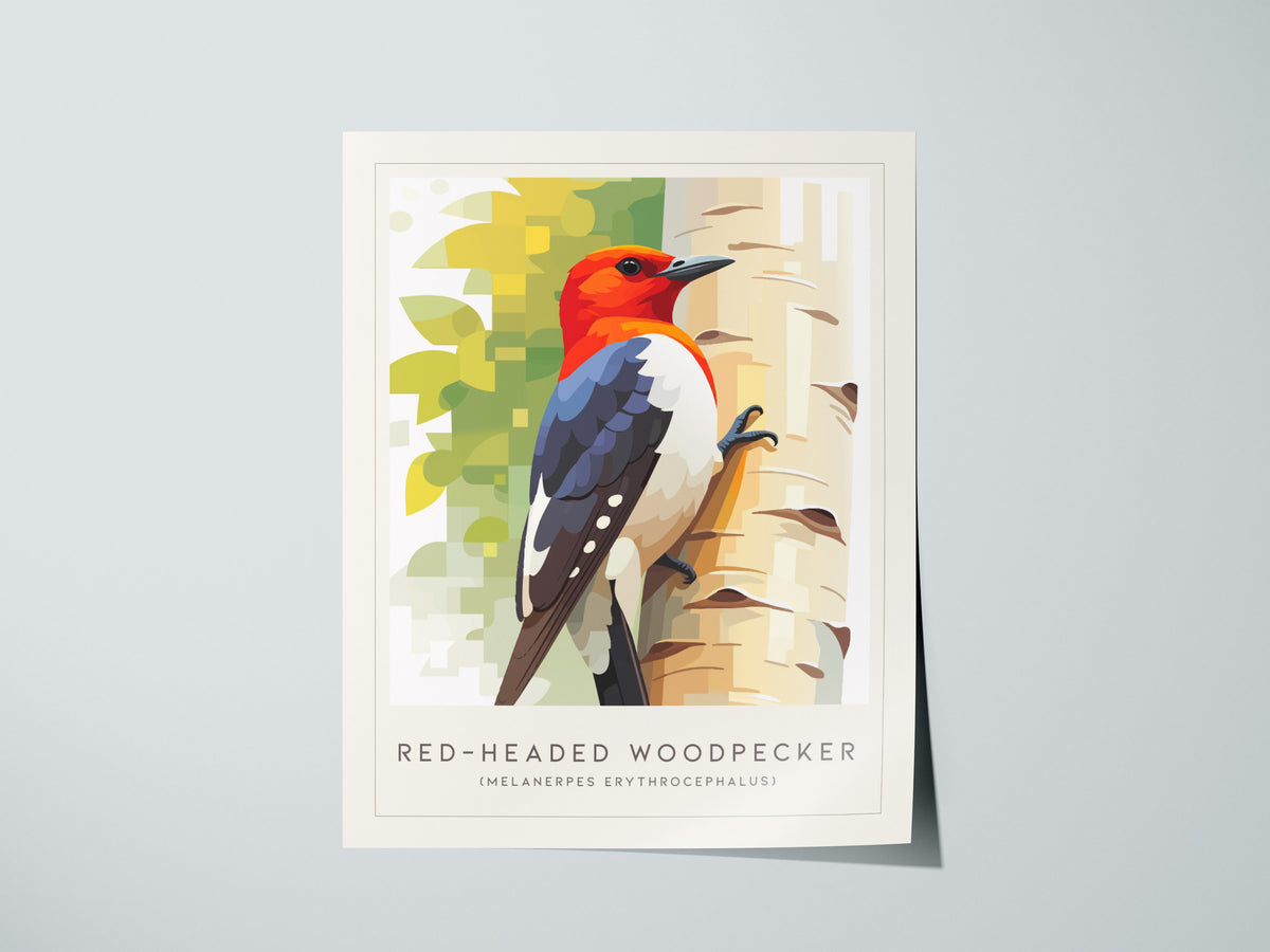 Red-headed Woodpecker, Melanerpes erythrocephalus Poster | Bold Bird Wall Art Nature Print — giclée print detail on matte pap