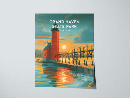 Grand Haven State Park, Michigan Poster | Lighthouse & Pier Beach House Decor Wall Art — giclée print detail on matte paper