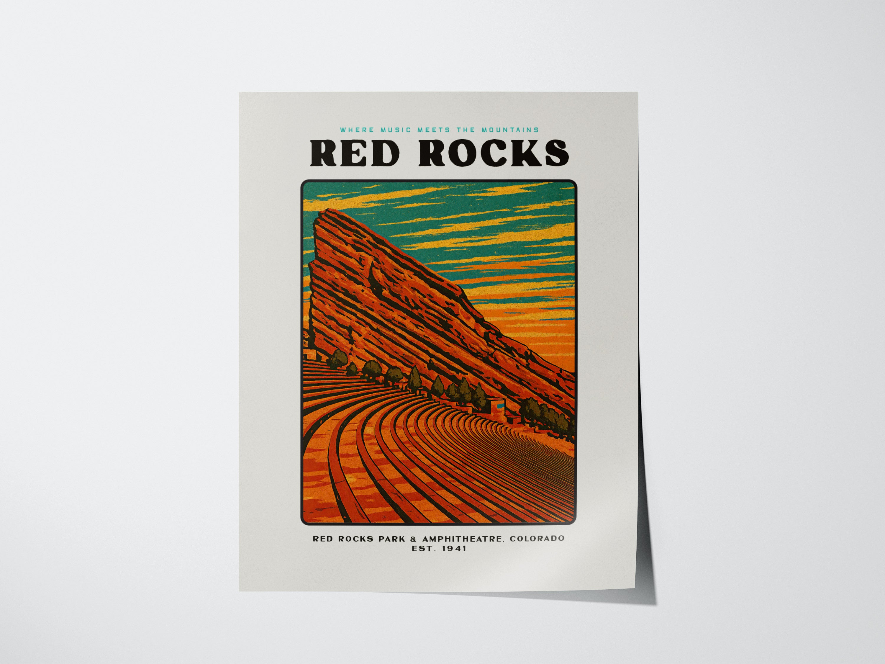 Red Rocks Amphitheatre Poster | Vintage Colorado Block Print Art