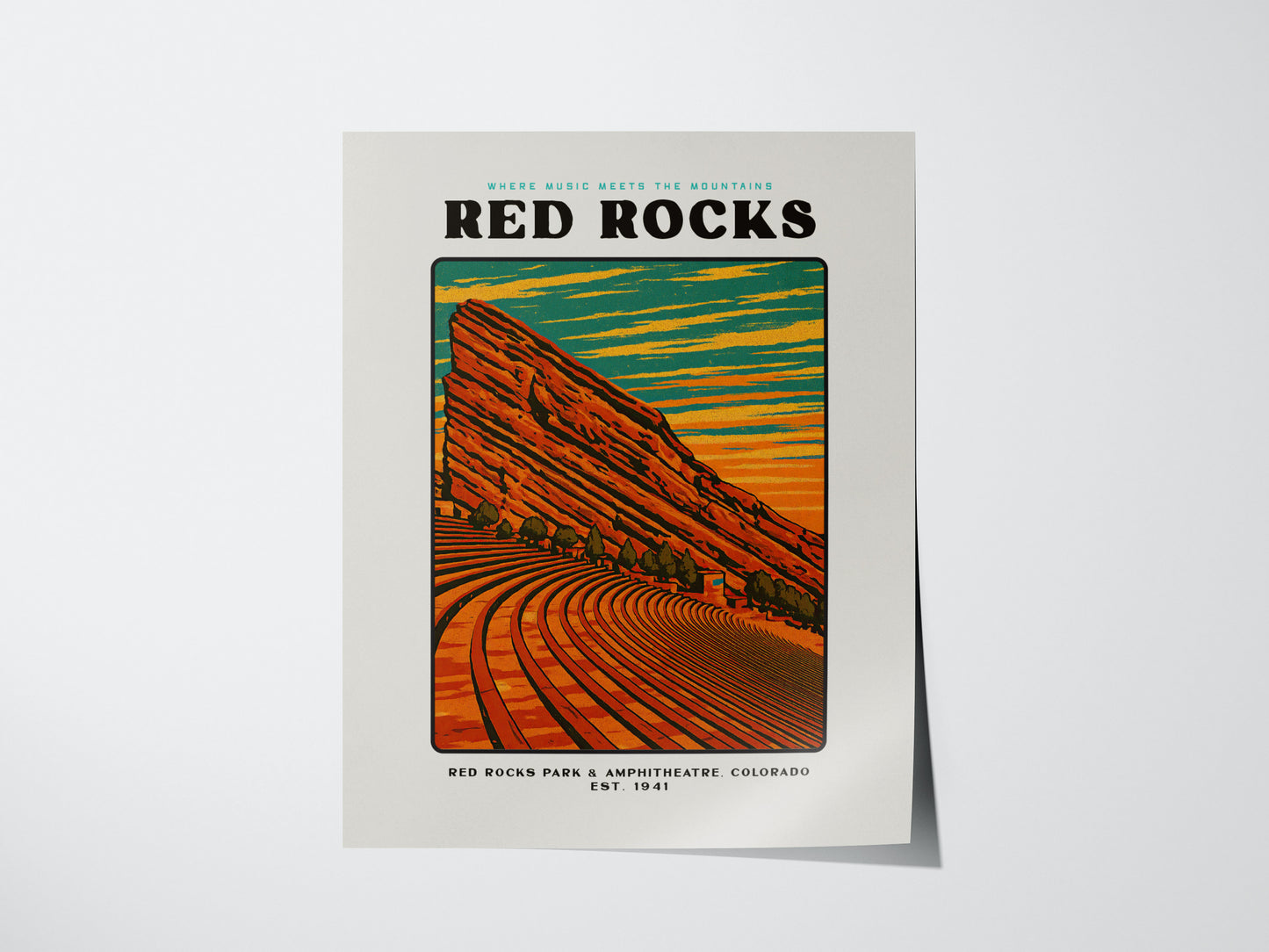 Red Rocks Amphitheatre Poster | Vintage Colorado Block Print Art