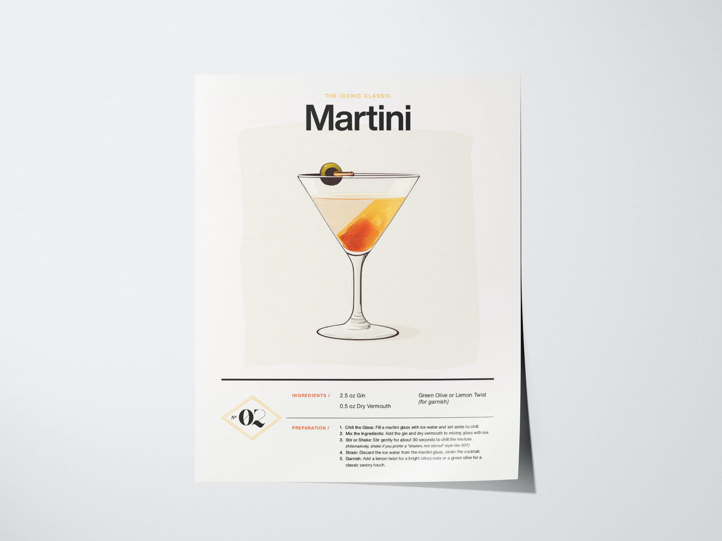 A Martini Cocktail Poster featuring an illustrated martini glass with an olive garnish. Below the image, the classic dry martini recipe is detailed with ingredients and preparation steps.