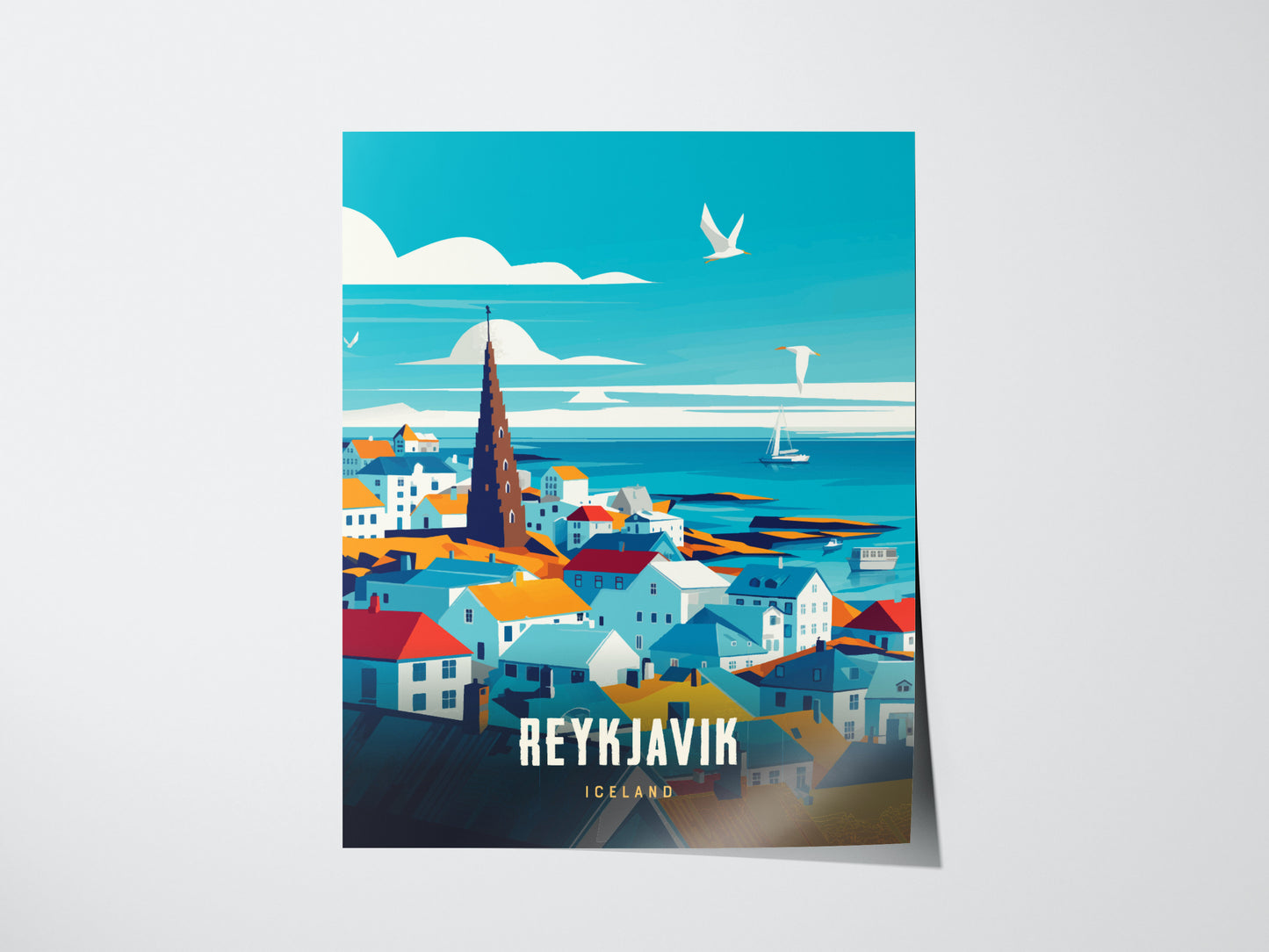 A vibrant illustration of Reykjavík features colorful rooftops, the iconic Hallgrímskirkja church, seagulls, and a sailboat against a bright blue sky and sea. The text reads REYKJAVIK ICELAND.