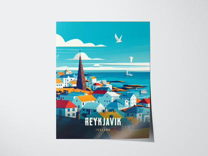A vibrant illustration of Reykjavík features colorful rooftops, the iconic Hallgrímskirkja church, seagulls, and a sailboat against a bright blue sky and sea. The text reads REYKJAVIK ICELAND.