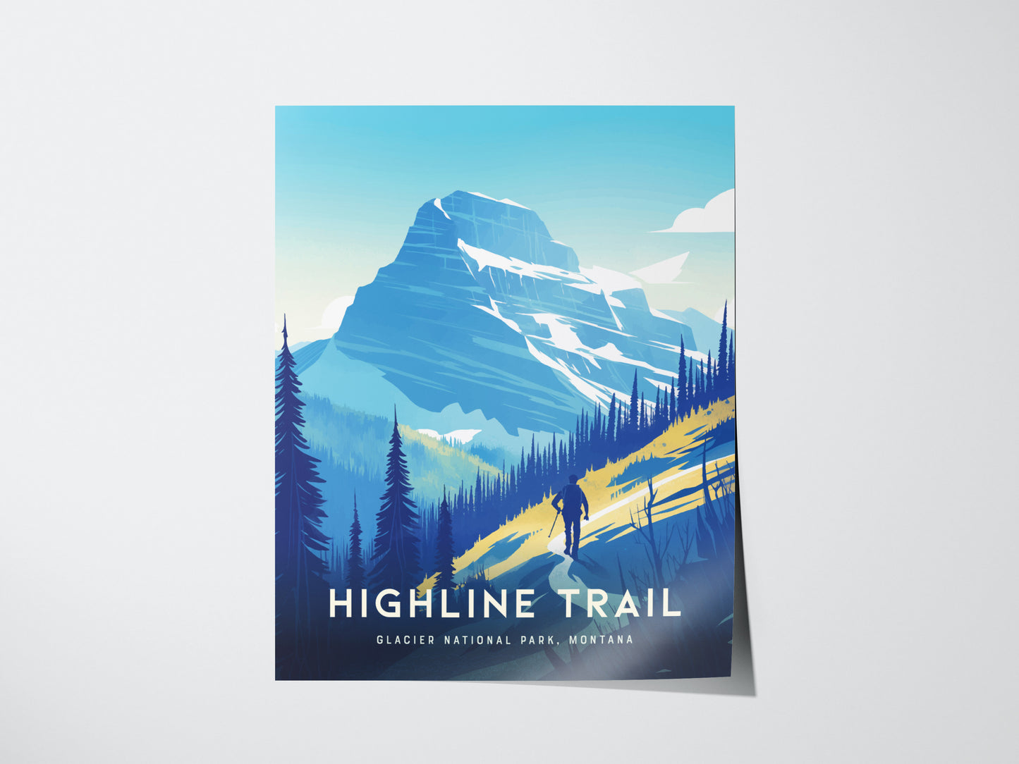 A poster depicting a hiker on the Highline Trail in Glacier National Park, with majestic mountains and pine trees under a clear blue sky.