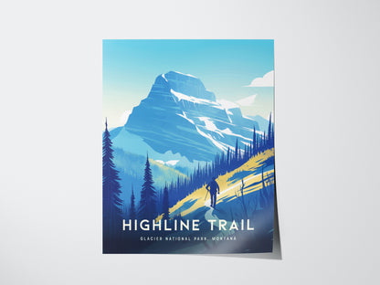 A poster depicting a hiker on the Highline Trail in Glacier National Park, with majestic mountains and pine trees under a clear blue sky.
