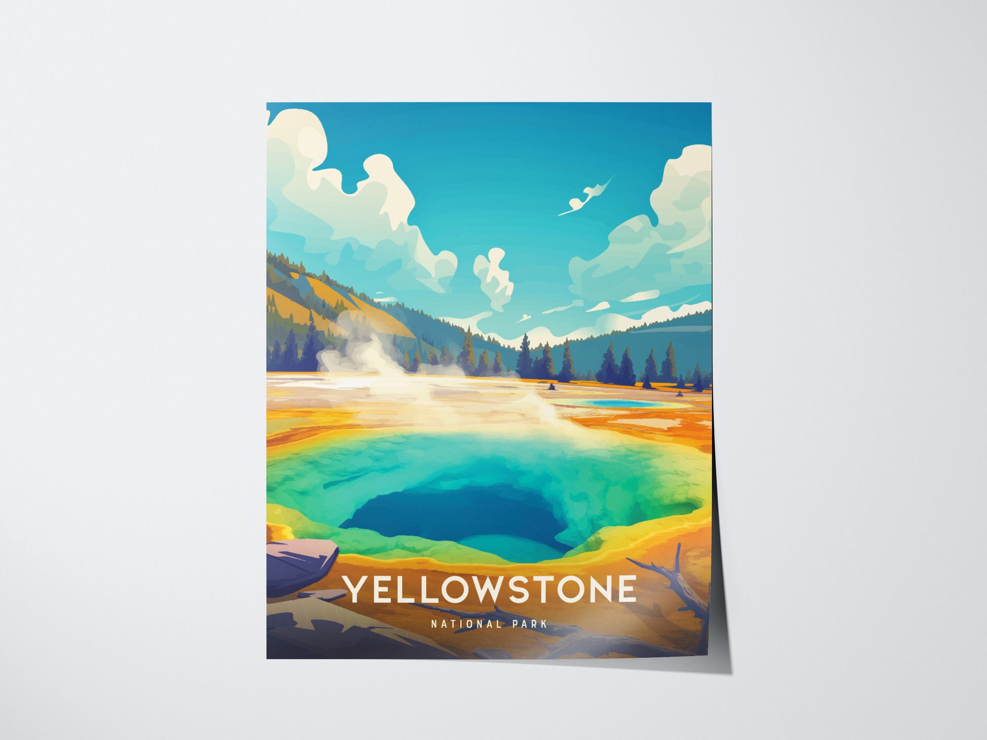 Illustrated poster of Yellowstones Morning Glory Pool, showcasing vibrant blue, green, and golden hues under a bright sky with clouds, surrounded by trees and hills.