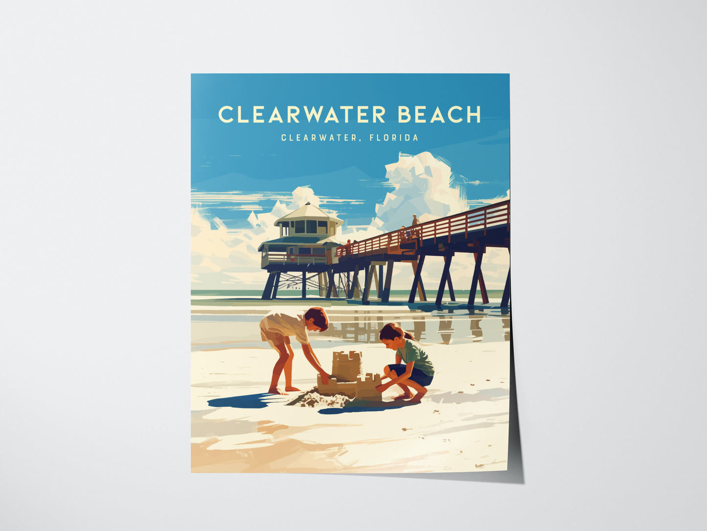 Illustrated poster of Clearwater Beach, Florida, featuring two children building a sandcastle on the beach. A pier extends over the water, with fluffy clouds in the blue sky.