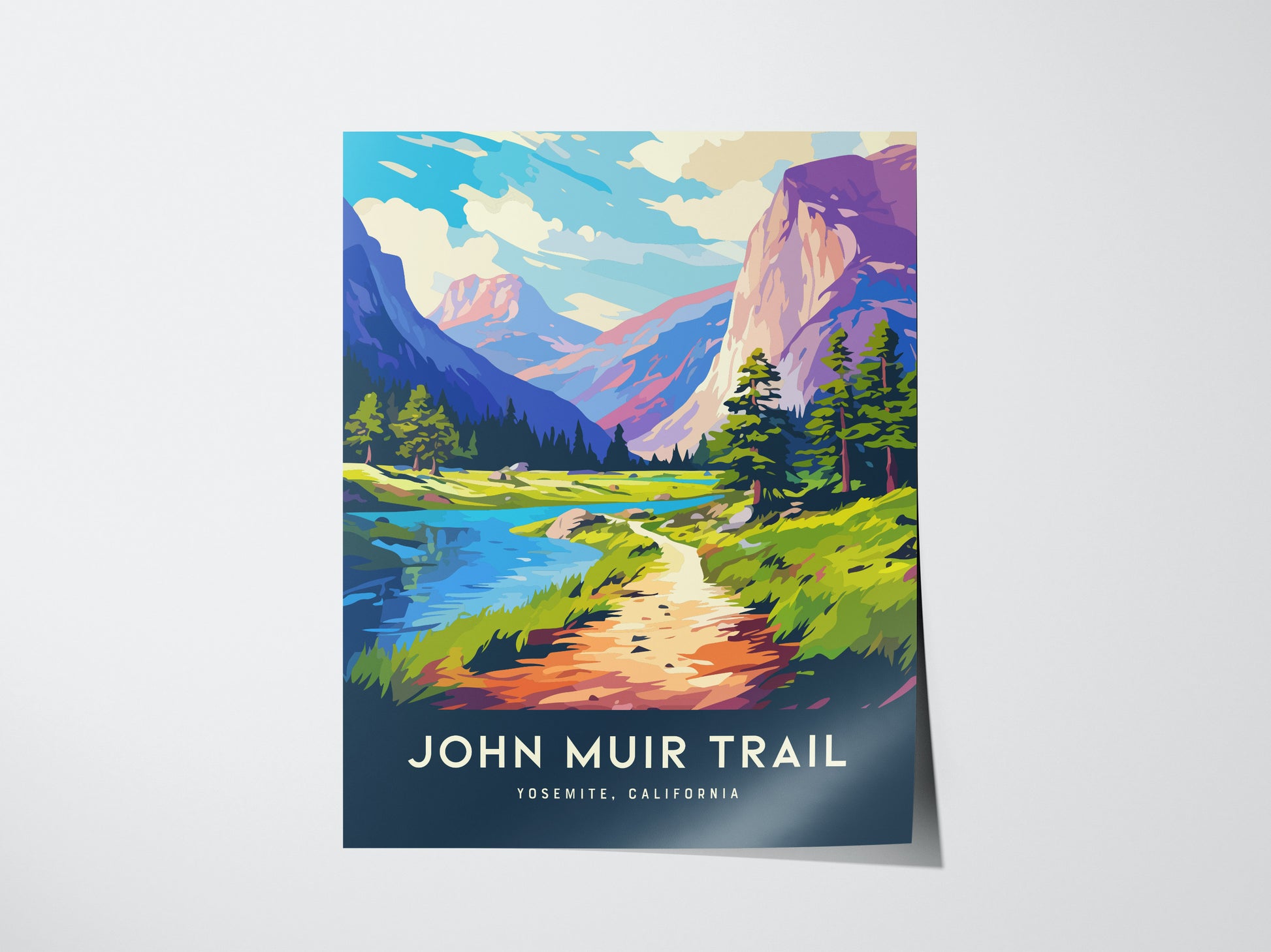 A colorful poster of the John Muir Trail features a scenic landscape with a winding path, vibrant greenery, mountains, and a reflective lake under a blue sky.