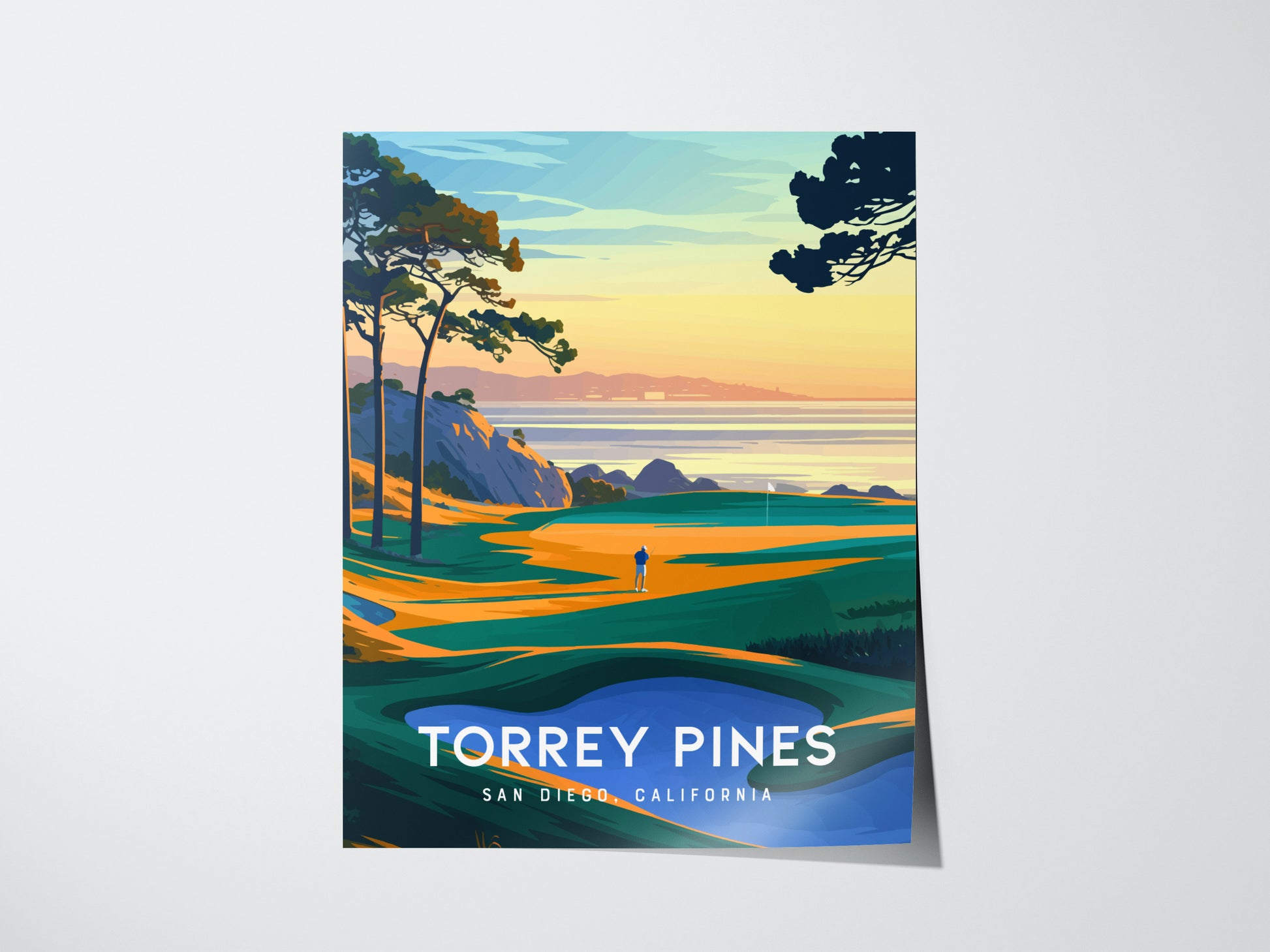 A vibrant poster depicts Torrey Pines Golf Course with coastal cliffs, trees, and a golfer overlooking the Pacific Ocean. The text reads Torrey Pines, San Diego, California.