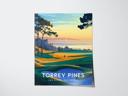 A vibrant poster depicts Torrey Pines Golf Course with coastal cliffs, trees, and a golfer overlooking the Pacific Ocean. The text reads Torrey Pines, San Diego, California.