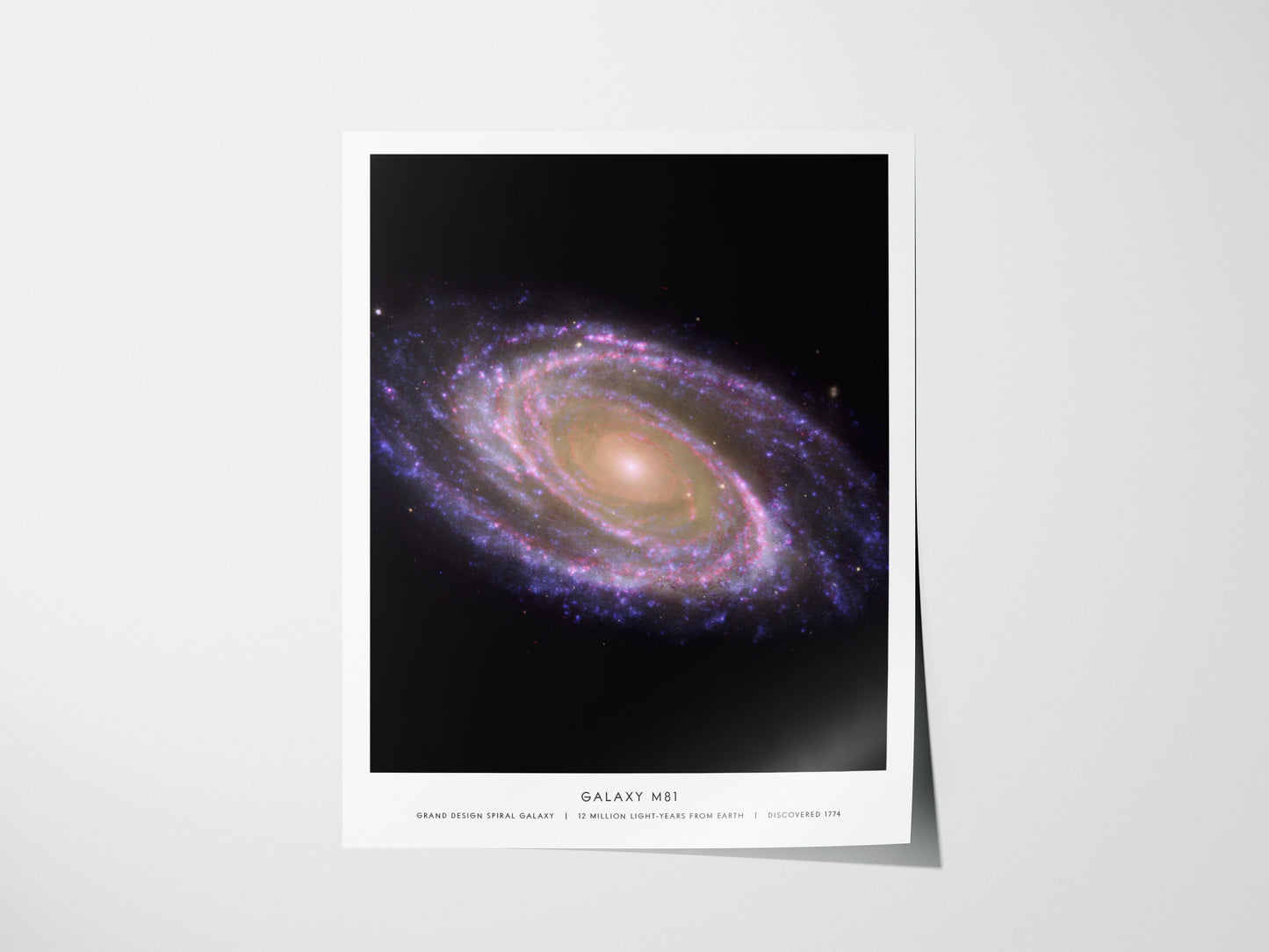 M81 galaxy poster featuring a detailed view of the spiral galaxy against a dark star field