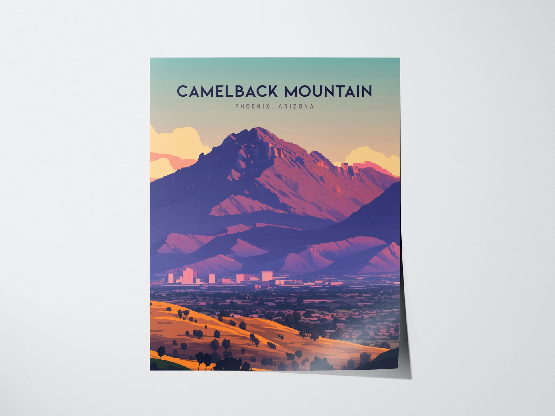A vibrant art print of Camelback Mountain in Phoenix, Arizona, showcasing its dramatic silhouette against a colorful sky with cityscape and desert landscape below.