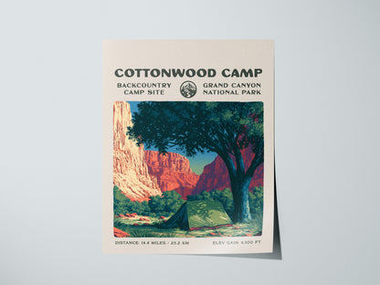 Cottonwood Camp, Grand Canyon National Park Poster | Camper Gift | Backcountry Canyon Trail Wall Art — giclée print detail on