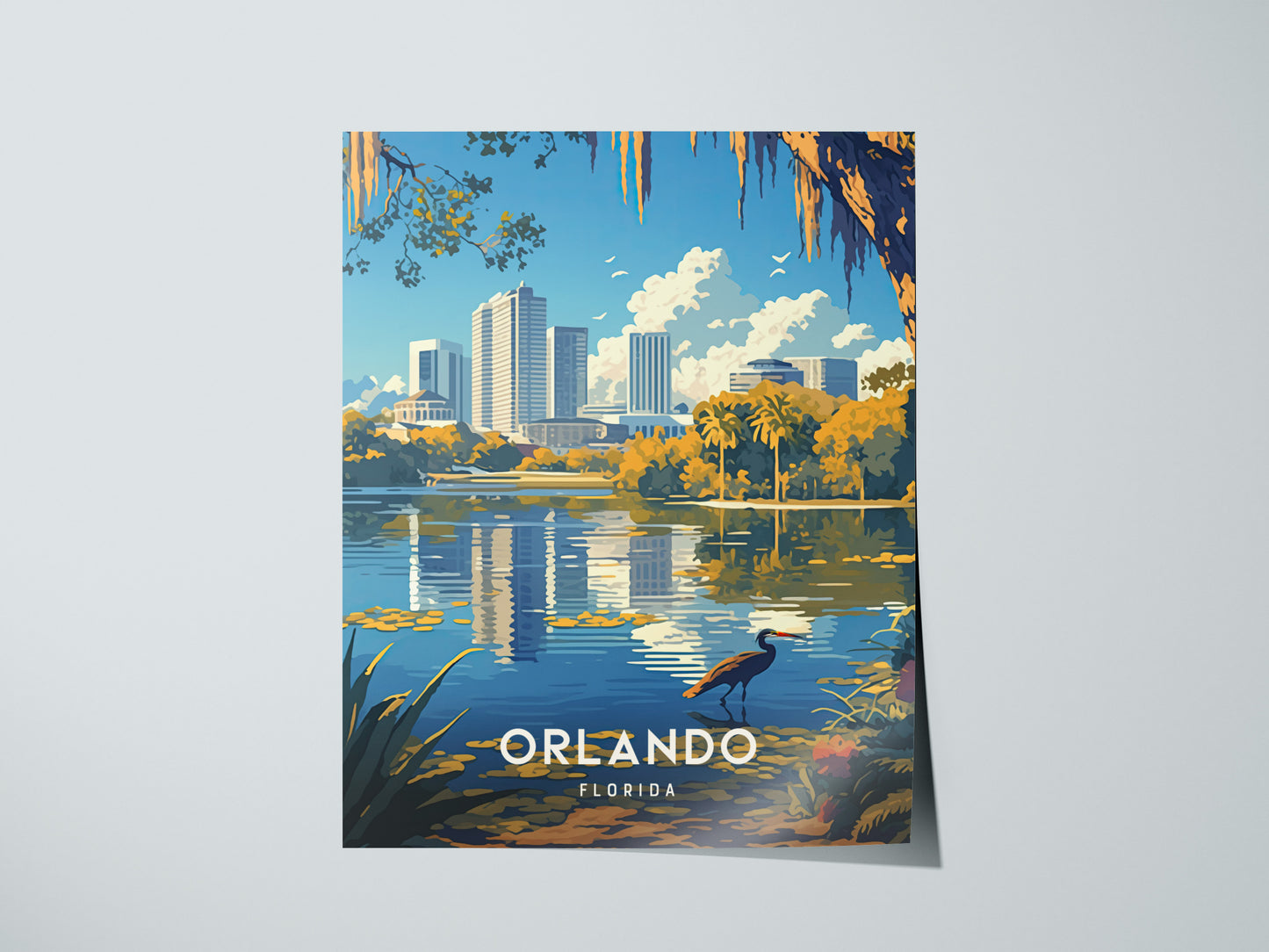 A poster of Orlando, Florida, showcasing a heron by Lake Eola with a reflection of downtown buildings, palm trees, and vibrant foliage under a clear blue sky.