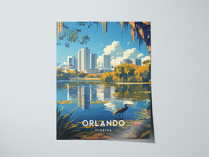 A poster of Orlando, Florida, showcasing a heron by Lake Eola with a reflection of downtown buildings, palm trees, and vibrant foliage under a clear blue sky.