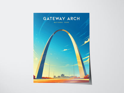 A vibrant poster features the Gateway Arch in St. Louis, Missouri, set against a clear blue sky with dynamic clouds and city skyline. The text reads Gateway Arch National Park.