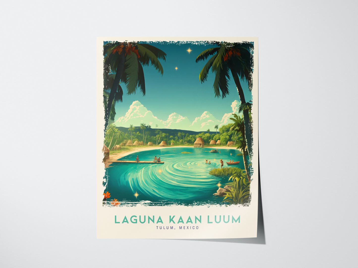 Illustrated poster of Laguna Kaan Luum in Tulum, Mexico, featuring a turquoise lagoon, swirling waters, palm trees, and people enjoying the serene landscape under a clear sky.