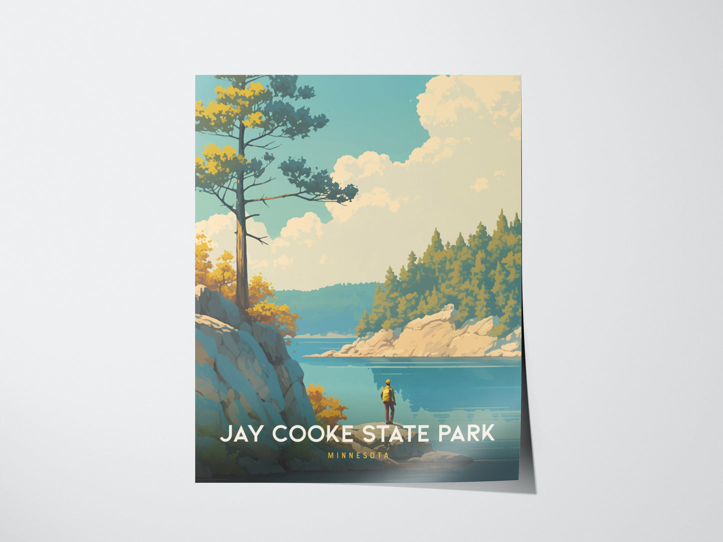 A poster of Jay Cooke State Park features a serene landscape with a lone figure by a lake, surrounded by trees and rocky cliffs under a bright, cloudy sky.