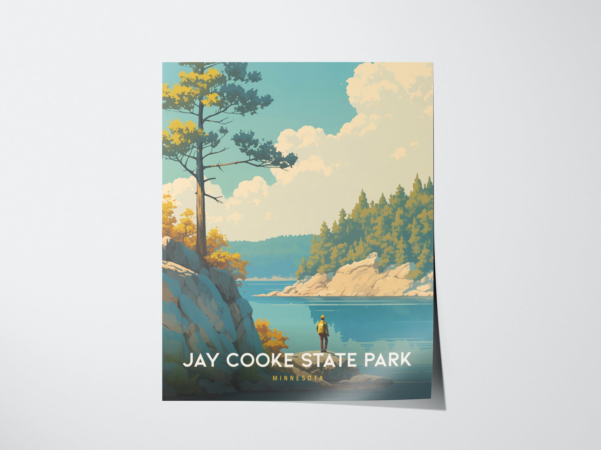 A poster of Jay Cooke State Park features a serene landscape with a lone figure by a lake, surrounded by trees and rocky cliffs under a bright, cloudy sky.