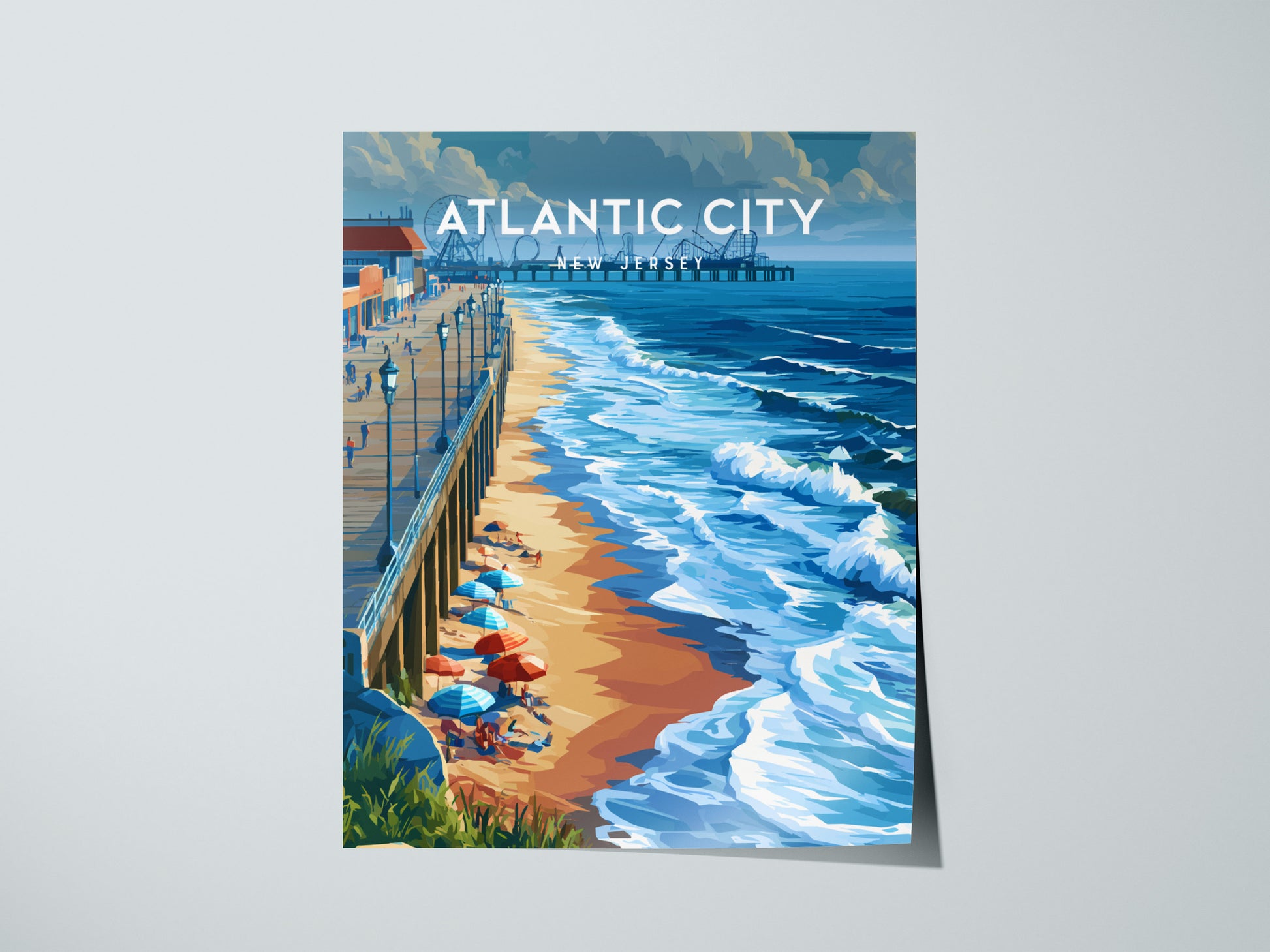 Atlantic City, New Jersey Poster | Boardwalk & Steel Pier Coastal Wall Art — giclée print detail on matte paper