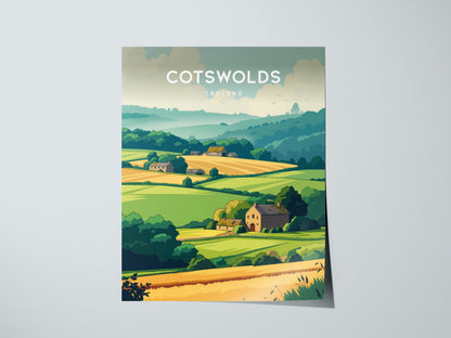 Cotswolds, England Poster | Rolling Hills & Stone Village Wall Art — giclée print detail on matte paper