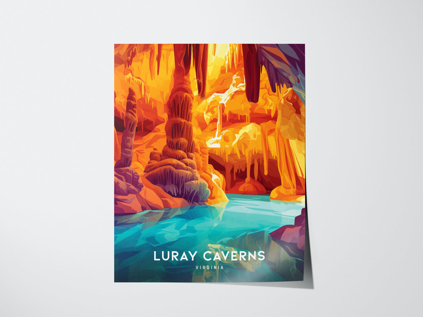 A vibrant poster of Luray Caverns featuring colorful stalactites and stalagmites above a reflective turquoise pool, with the text Luray Caverns Virginia at the bottom.