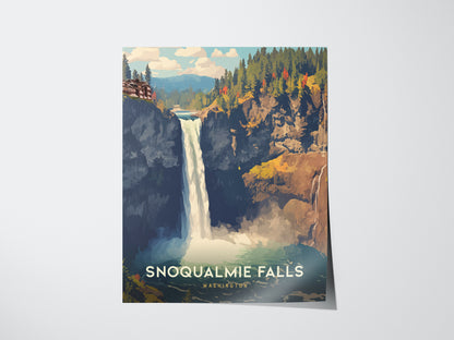 A vibrant poster of Snoqualmie Falls depicts the waterfall cascading between rocky cliffs and lush forests under a blue sky. The text reads Snoqualmie Falls, Washington at the bottom.